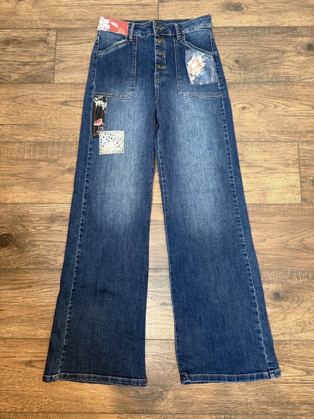 Desigual Floral Patches Jeans flare button fly high waist Sz 40EU Sz 10 US